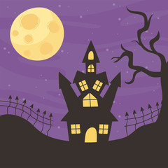 Canvas Print - happy halloween, castle night moon tree and fence trick or treat party celebration