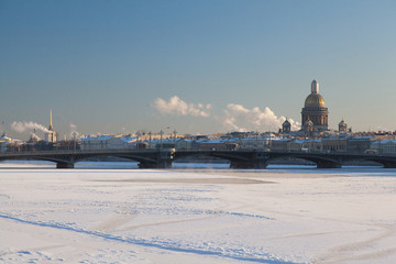 Wall Mural - Frozen Neva river cityscape with view on Saont Isaac's cathedral