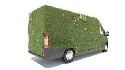 Wall Mural - Rear and Side View of a Delivery Van Covered in Grass 3D Rendering