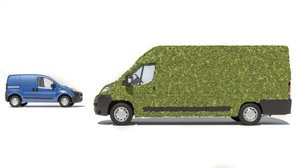 Wall Mural - Side View of a Blue Mini Van and Delivery Van Covered with Leaves 3D Rendering