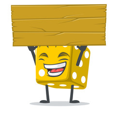 vector illustration of dice mascot or character holding blank wooden