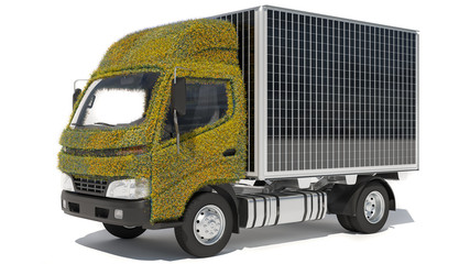 Wall Mural - Box Truck with a Passenger Cabin Covered in Wildflowers and Trailer Covered with Solar Panels 3D Rendering