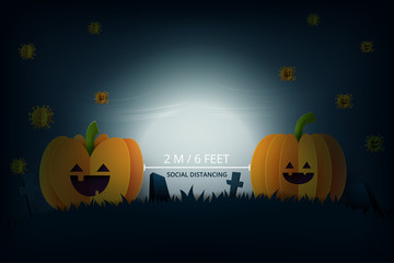 Aufkleber - Halloween background in spooky night paper art style.Halloween pumpkins keep social distance.Vector illustration.