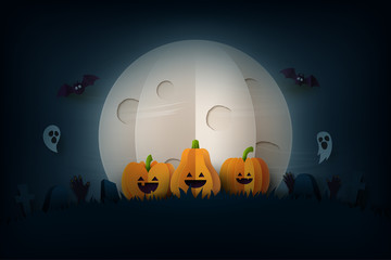 Aufkleber - Halloween background in spooky night paper art style.Halloween pumpkins,flying bats and full moon in graveyard.