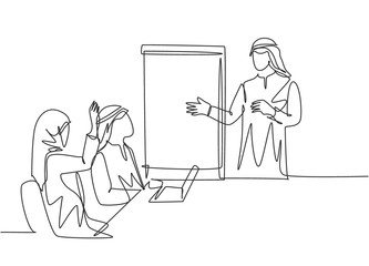 Wall Mural - Single continuous line drawing of young male and female muslim businesspeople attending business coaching. Arab middle east cloth shmagh, hijab, thawb, robe. One line draw design vector illustration