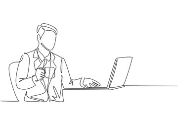 Wall Mural - One single line drawing of young happy manager typing on a laptop keyboard while holding a cup of coffee on his hand. Drinking tea concept continuous line symbol draw design vector illustration