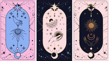 Moon And Sun Tarot Cards, Hands Set In Simple Flat Esoteric Boho Style. Esoteric Collection Of Logos With Various Symbols Such As Space Star Planet, Gold And Pink And Pink Cards