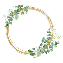 Watercolor Wreath Green Floral With Eucalyptus Greenery Leaves On Golden Frame. Baby Nursery Decor, Greenery Baby Shower, Wedding Card, Greenery Invintation Card .