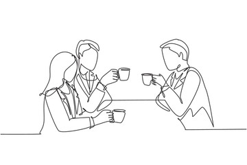 Wall Mural - One continuous line drawing of young businessman and businesswoman doing business meeting at restaurant while holding a cup of coffee. Business talk concept. Single line draw design illustration