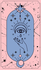 Poster - moon and sun tarot cards, Hands set in simple flat esoteric boho style. esoteric of logo with various symbols, gold and pink and pink cards,  poster or altar veil design for print