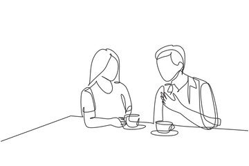 Single continuous line drawing of young happy male and female couple doing romantic date and dinner together at coffee shop. Marriage life concept. One line draw design vector graphic illustration