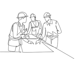 Wall Mural - One continuous line drawing of young architects discussing construction design blueprint at office meeting. Building architecture business concept. Single line draw vector graphic design illustration