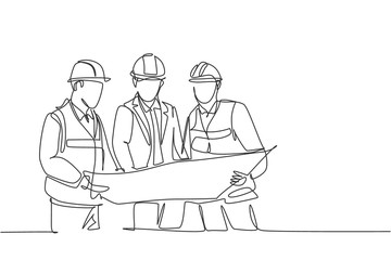 Wall Mural - One continuous line drawing of young construction coordinator discussing construction design plan to team member. Building architecture business concept. Single line draw design graphic illustration
