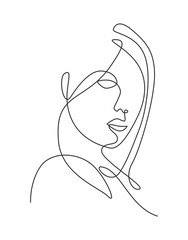 Wall Mural - One single line drawing woman beauty abstract face, hairstyle,  fashion vector illustration. Pretty sexy minimalist feminine style concept for t-shirt print. Modern continuous line draw graphic design