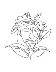 Wall Mural - one continuous line drawing minimalist beauty nature cosmetic hairstyle. flower bouquet in woman hea
