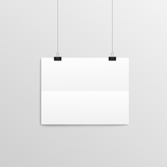 Paper sheet folded in two hanging on wall, realistic mockup vector illustration.