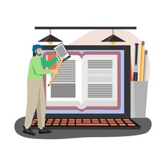 Wall Mural - young man, student with tablet studying mathematics at home, flat vector illustration.