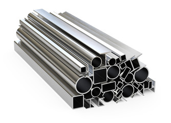 Steel pipes, rails. Rolled metal product of different types. Isolated, clipping path included.