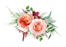 Vector Floral Bouquet Design: Blush Peach Juliette Rose Flower, Pale Rose Flowers, Burgundy Red Orchid, Coral Heather, Amaranth, Eucalyptus Branch, Greenery Leaves, Tender Fern. Wedding Invite Element
