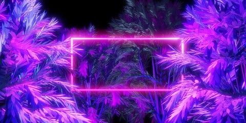 Wall Mural - neon color frame glowing middle of tropical plants in jungle. 3d rendering illustration.
