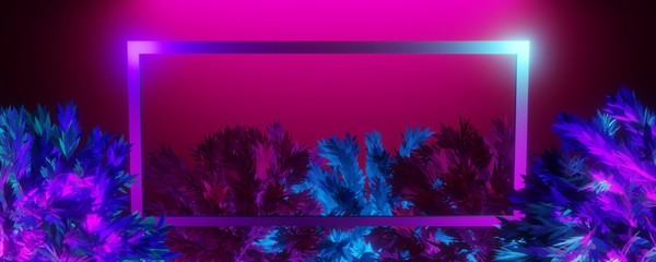 Wall Mural - neon color frame glowing middle of tropical plants in jungle. 3d rendering illustration.