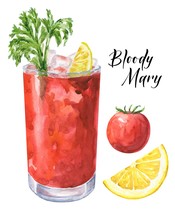 Watercolor Bloody Mary Cocktail With Tomato And Lemon Slice Isolated On White Background. Watercolour Drink Illustration.