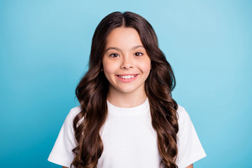 Sticker - Close-up portrait of her she nice attractive lovely pretty cute cheerful cheery wavy-haired girl wearing casual isolated over bright vivid shine vibrant blue teal turquoise color background