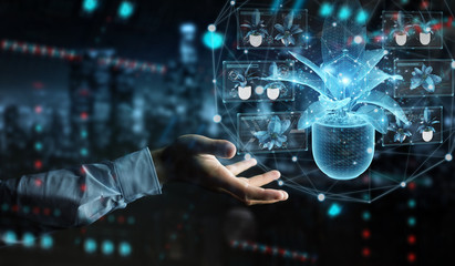 Aufkleber - Man hand holding and touching holographic projection of a plant with digital analysis 3D rendering