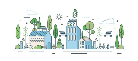 cityscape with modern eco friendly technology vector illustration in line art style. municipal area 