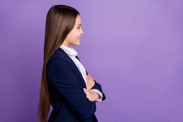 Canvas Print - Profile side view portrait of her she nice attractive content diligent cheerful long-haired girl folded arms healthy natural curls isolated bright vivid shine vibrant lilac violet color background