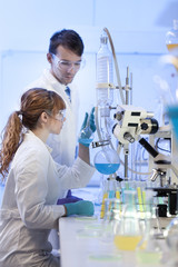 Chemical laboratory research. Attractive young PhD researcher student and her post doctoral supervisor scientist observing the blue indicator color shift after the solution destillation.