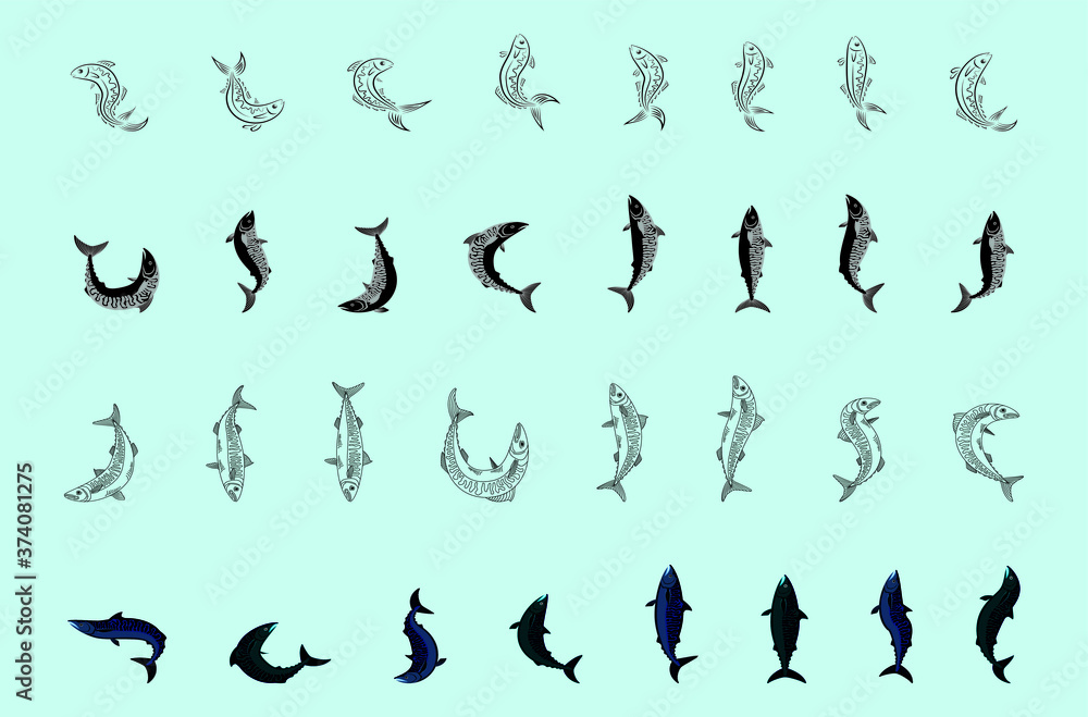 set of trout fish cartoon icon design template with various models. vector illustration