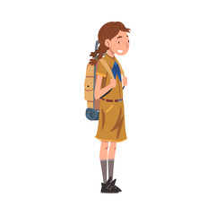 Sticker - Scout Girl Standing with Backpack, Scouting Kid Character Wearing Uniform and Neckerchief, Summer Camp Activities Vector Illustration