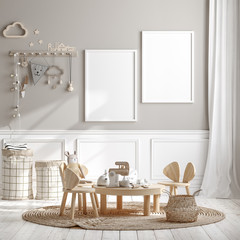 mock up frame in children room with natural wooden furniture, 3d render