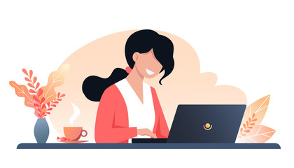 A young happy woman works on a laptop, autumn workplace interior design. Work from home, freelance. Vector flat illustration.