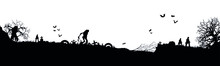 Black Silhouette Of Cemetery Elements With Gravestones And Crosses. Cemetery Panorama. Vector Illustration. EPS10
