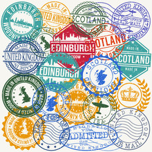 Edinburgh Scotland Set Of Stamps. Travel Stamp. Made In Product. Design Seals Old Style Insignia.