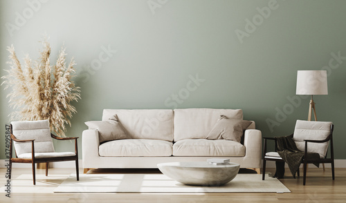 Photographie Pastel green room interior, living room interior mockup, empty green wall, 3d re