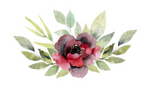 Floral Bouquet Design: Garden Red, Burgundy Rose Flower, White Peony, Seeded Eucalyptus Branch, Amaranthus Silver Green Fern Leaves, Watercolor Designer Element. Wedding Invite Card, Greeting