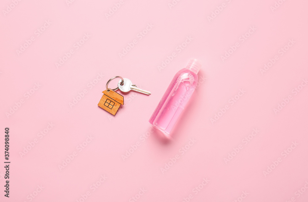 Key from house and disinfectant on color background