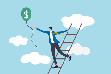 Wall Mural - Ladder of success, achieving financial goals or investor searching for profit and investment return concept, success businessman climb up the ladder up to cloud to catching balloon with dollar money.
