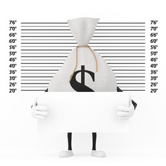 Aufkleber - Tied Rustic Canvas Linen Money Sack or Money Bag and Dollar Sign Character Mascot with Blank Identification Plate in front of Police Lineup or Mugshot Background. 3d Rendering