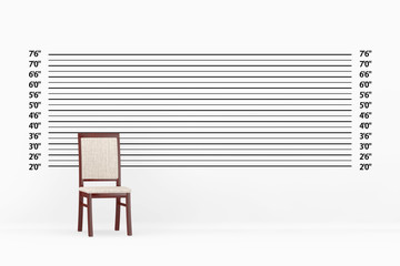 Aufkleber - Wooden Chair with Cushion in front of Police Lineup or Mugshot Background. 3d Rendering