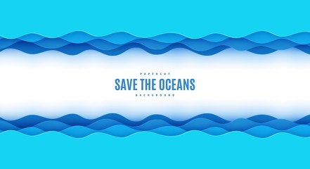 Wall Mural - Wavy border in paper cut style. World Oceans Day 8 June cut out from cardboard blue waves. Vector 3d ecological poster cut out from paper. Craft save the sea card. Origami water for your design