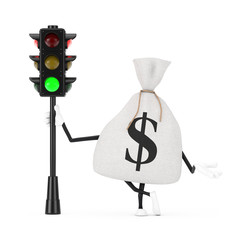 Poster - Tied Rustic Canvas Linen Money Sack or Money Bag and Dollar Sign Character Mascot with Traffic Green Light. 3d Rendering