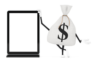 Leinwandbilder - Tied Rustic Canvas Linen Money Sack or Money Bag and Dollar Sign Character Mascot with Blank Trade Show LCD Screen Display Stand as Template for Your Design. 3d Rendering