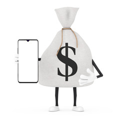 Poster - Tied Rustic Canvas Linen Money Sack or Money Bag and Dollar Sign Character Mascot with Modern Mobile Phone with Blank Screen for Your Design. 3d Rendering