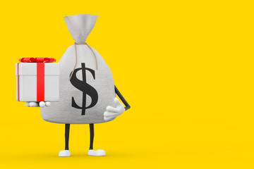 Poster - Tied Rustic Canvas Linen Money Sack or Money Bag and Dollar Sign Character Mascot with Gift Box and Red Ribbon. 3d Rendering
