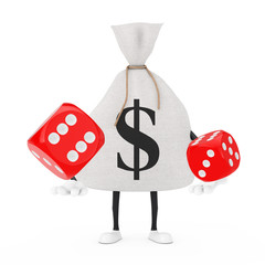 Poster - Tied Rustic Canvas Linen Money Sack or Money Bag and Dollar Sign Character Mascot with Red Game Dice Cubes in Flight. 3d Rendering