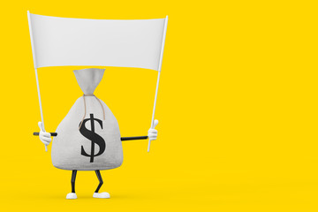 Leinwandbilder - Tied Rustic Canvas Linen Money Sack or Money Bag and Dollar Sign Character Mascot with Free Space Empty White Blank Banner for Your Design. 3d Rendering